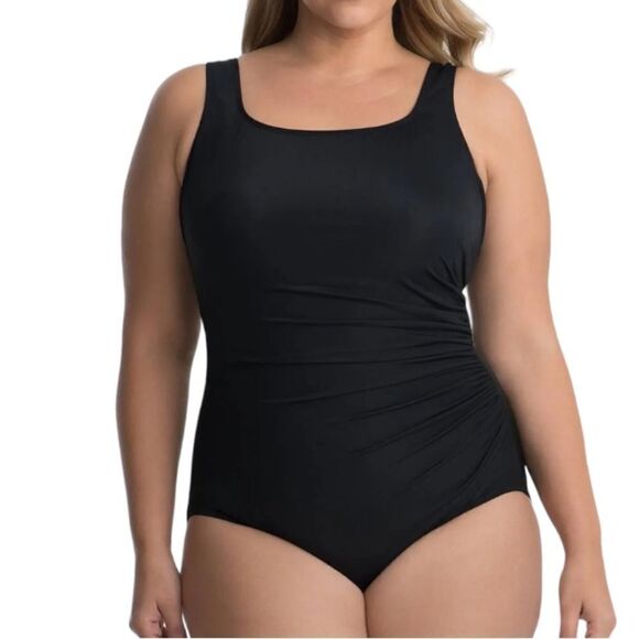 MiracleSuit Black Modest Coverage Round Neck Cinched Waist Shapping Bathingsuit - Picture 1 of 12